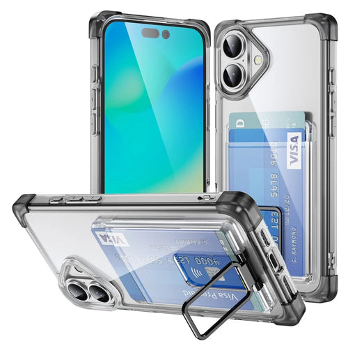 For iPhone 16 Case Reinforced Corners TPU + Acrylic Phone Cover with Kickstand Card Holder - Transparent Black - 1
