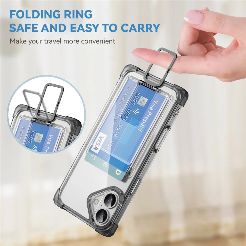 For iPhone 16 Case Reinforced Corners TPU + Acrylic Phone Cover with Kickstand Card Holder - Transparent Black - 2