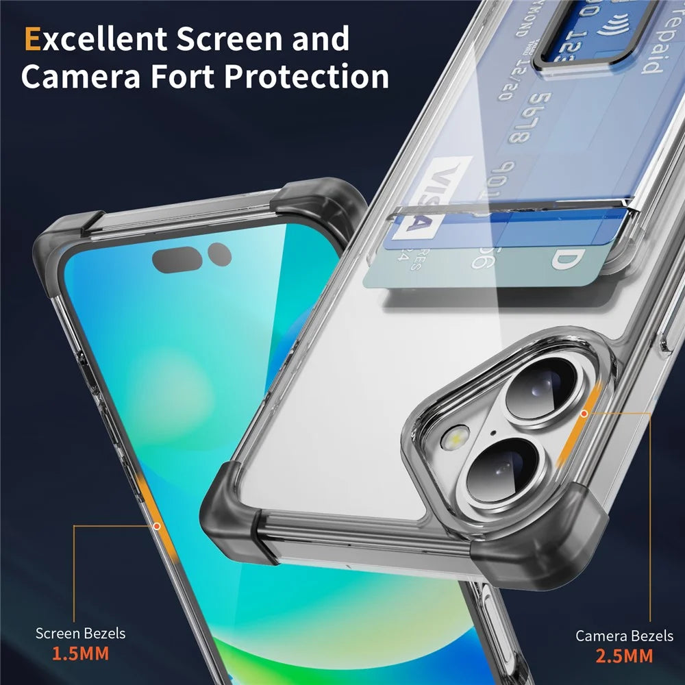 For iPhone 16 Case Reinforced Corners TPU + Acrylic Phone Cover with Kickstand Card Holder - Transparent Black - 4