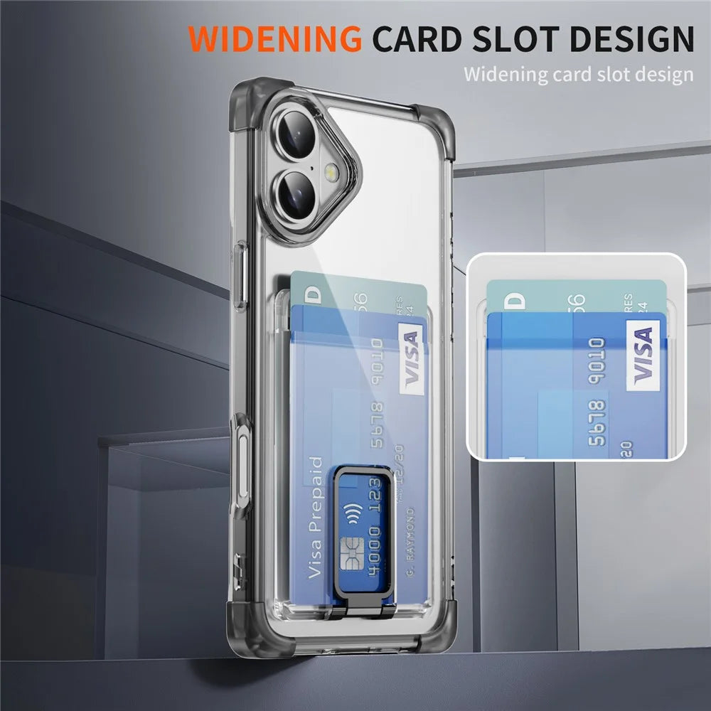 For iPhone 16 Case Reinforced Corners TPU + Acrylic Phone Cover with Kickstand Card Holder - Transparent Black - 5