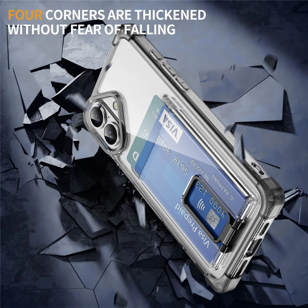 For iPhone 16 Case Reinforced Corners TPU + Acrylic Phone Cover with Kickstand Card Holder - Transparent Black - 6