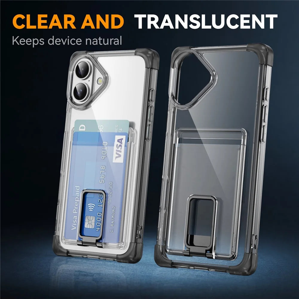 For iPhone 16 Case Reinforced Corners TPU + Acrylic Phone Cover with Kickstand Card Holder - Transparent Black - 7