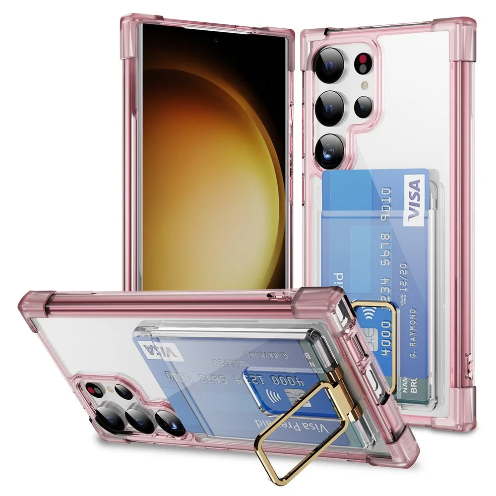 For Samsung Galaxy S25 Ultra Case Reinforced Corners TPU + Acrylic Phone Cover with Kickstand Card Holder - Transparent Pink - 1