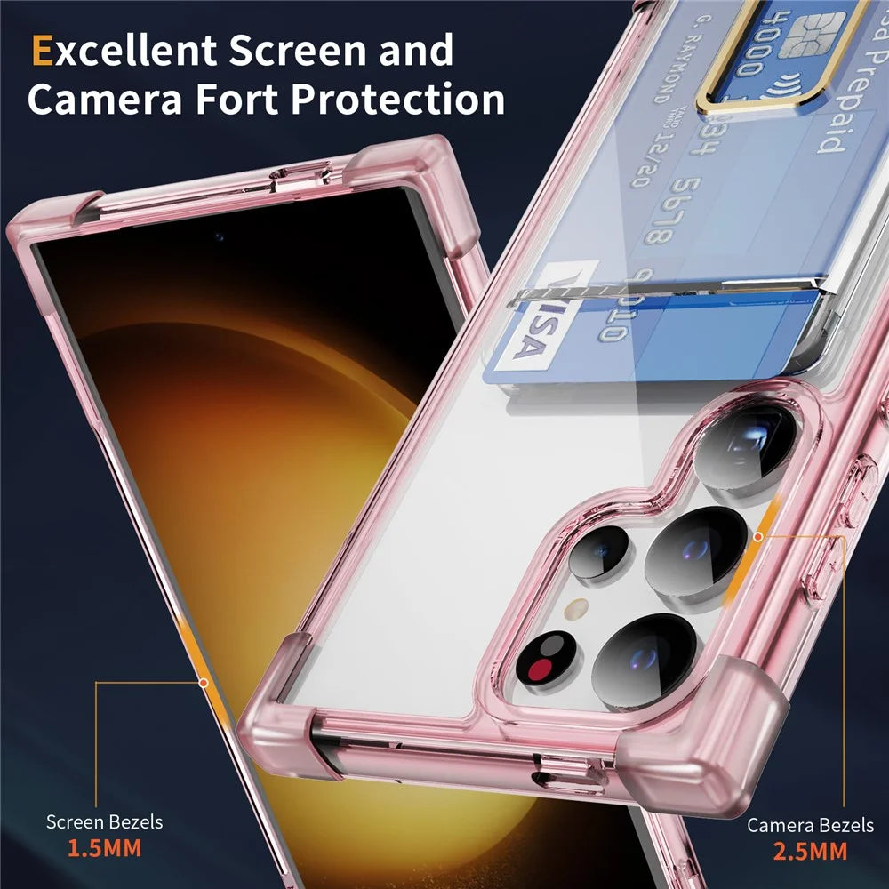 For Samsung Galaxy S25 Ultra Case Reinforced Corners TPU + Acrylic Phone Cover with Kickstand Card Holder - Transparent Pink - 4