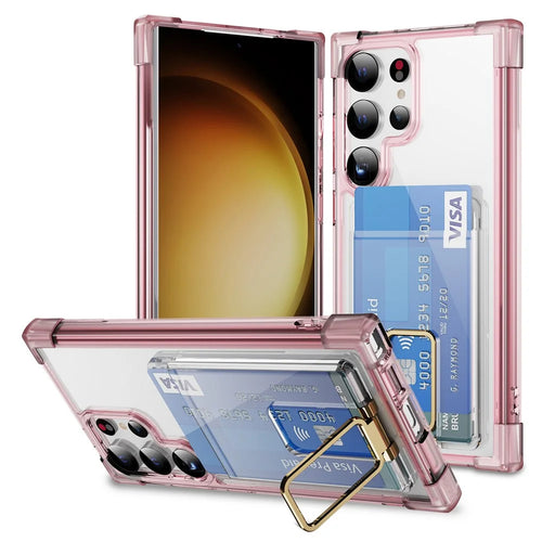 For Samsung Galaxy S24 Ultra Case Reinforced Corners TPU + Acrylic Phone Cover with Kickstand Card Holder - Transparent Pink - 1