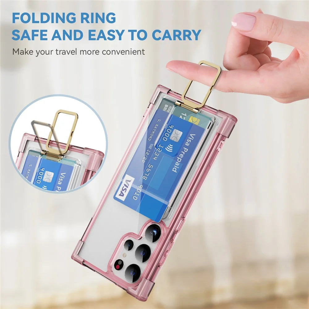For Samsung Galaxy S24 Ultra Case Reinforced Corners TPU + Acrylic Phone Cover with Kickstand Card Holder - Transparent Pink - 2