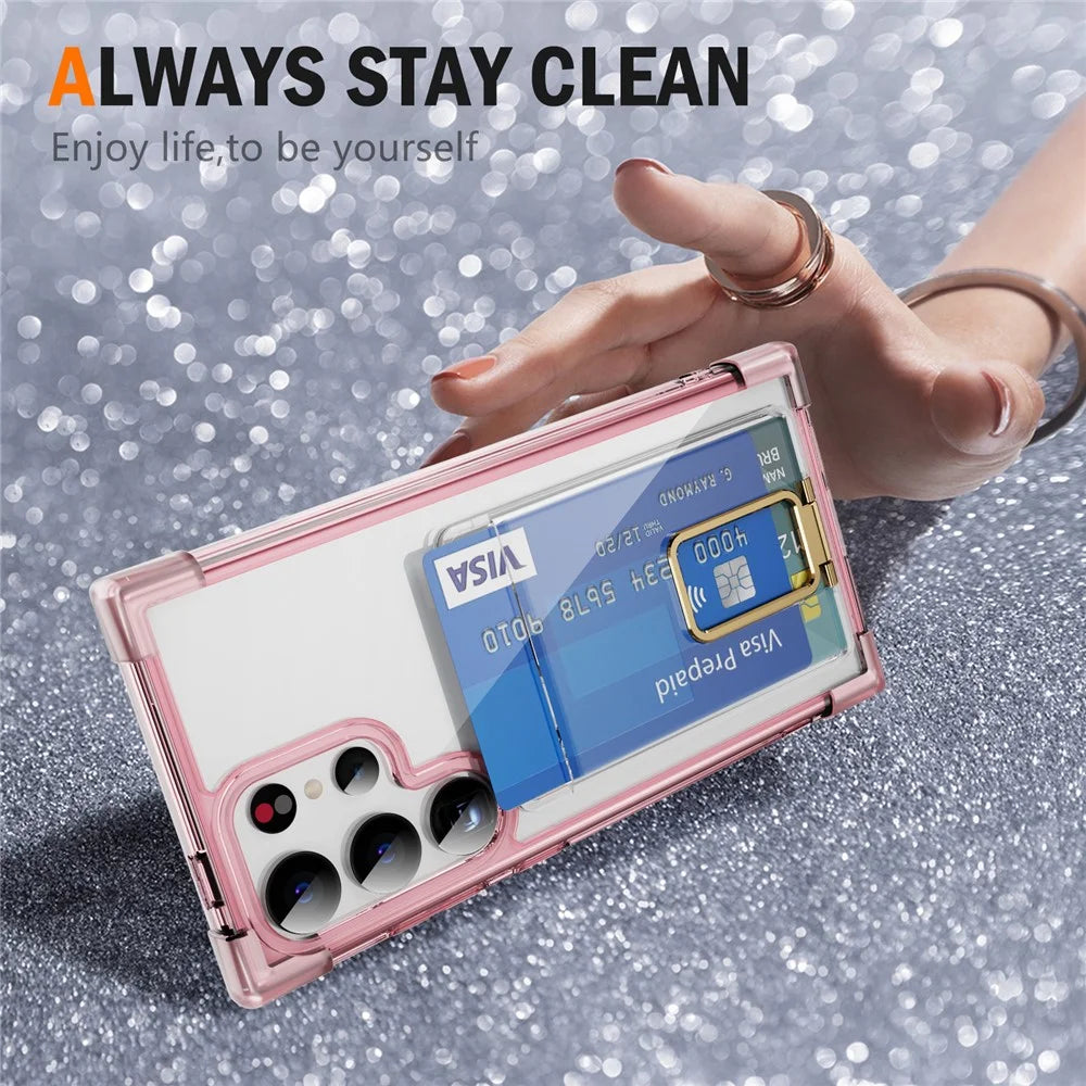 For Samsung Galaxy S24 Ultra Case Reinforced Corners TPU + Acrylic Phone Cover with Kickstand Card Holder - Transparent Pink - 3