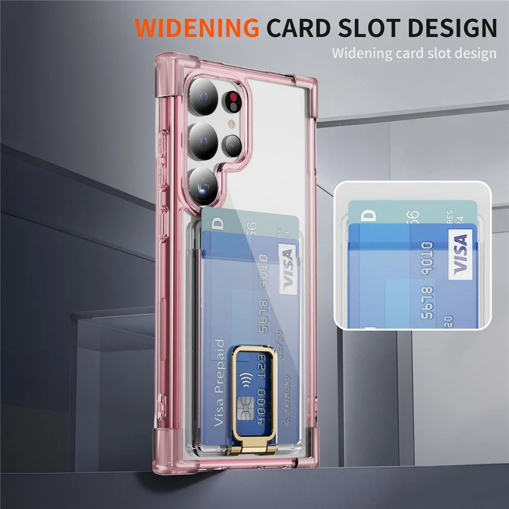 For Samsung Galaxy S24 Ultra Case Reinforced Corners TPU + Acrylic Phone Cover with Kickstand Card Holder - Transparent Pink - 5