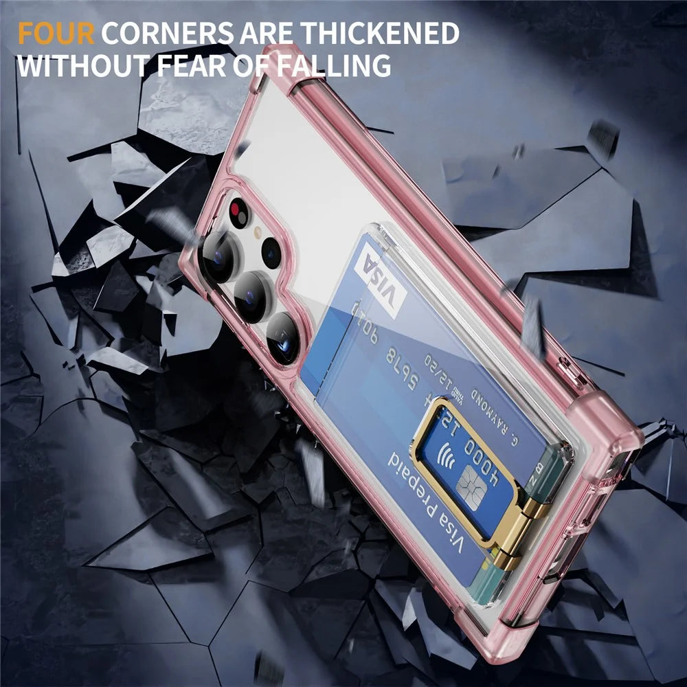 For Samsung Galaxy S24 Ultra Case Reinforced Corners TPU + Acrylic Phone Cover with Kickstand Card Holder - Transparent Pink - 6