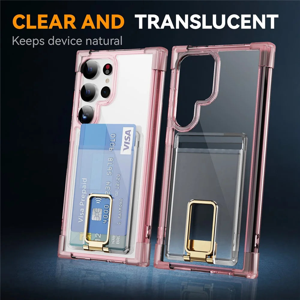For Samsung Galaxy S24 Ultra Case Reinforced Corners TPU + Acrylic Phone Cover with Kickstand Card Holder - Transparent Pink - 7