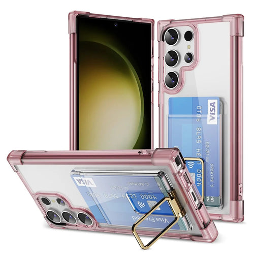 For Samsung Galaxy S23 Ultra Case Reinforced Corners TPU + Acrylic Phone Cover with Kickstand Card Holder - Transparent Pink - 1