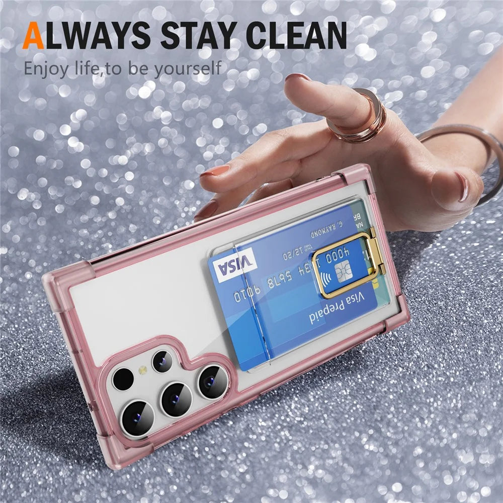 For Samsung Galaxy S23 Ultra Case Reinforced Corners TPU + Acrylic Phone Cover with Kickstand Card Holder - Transparent Pink - 2