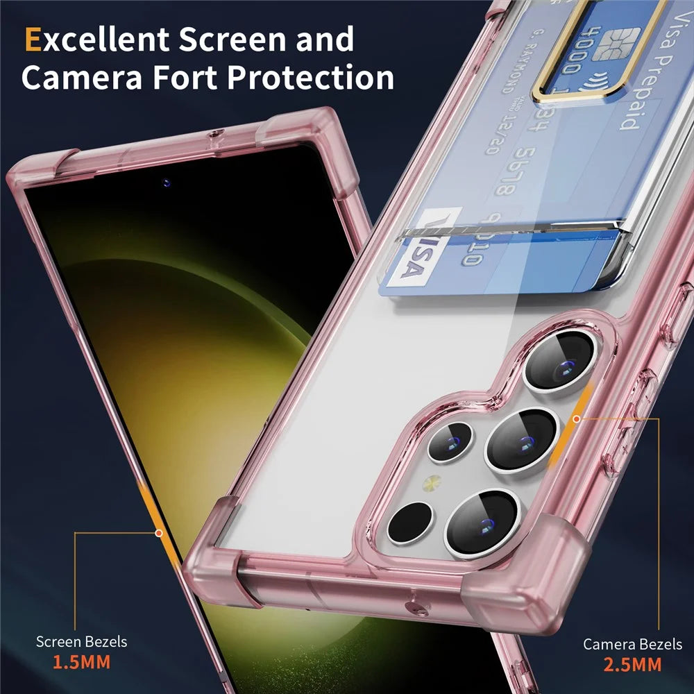 For Samsung Galaxy S23 Ultra Case Reinforced Corners TPU + Acrylic Phone Cover with Kickstand Card Holder - Transparent Pink - 3