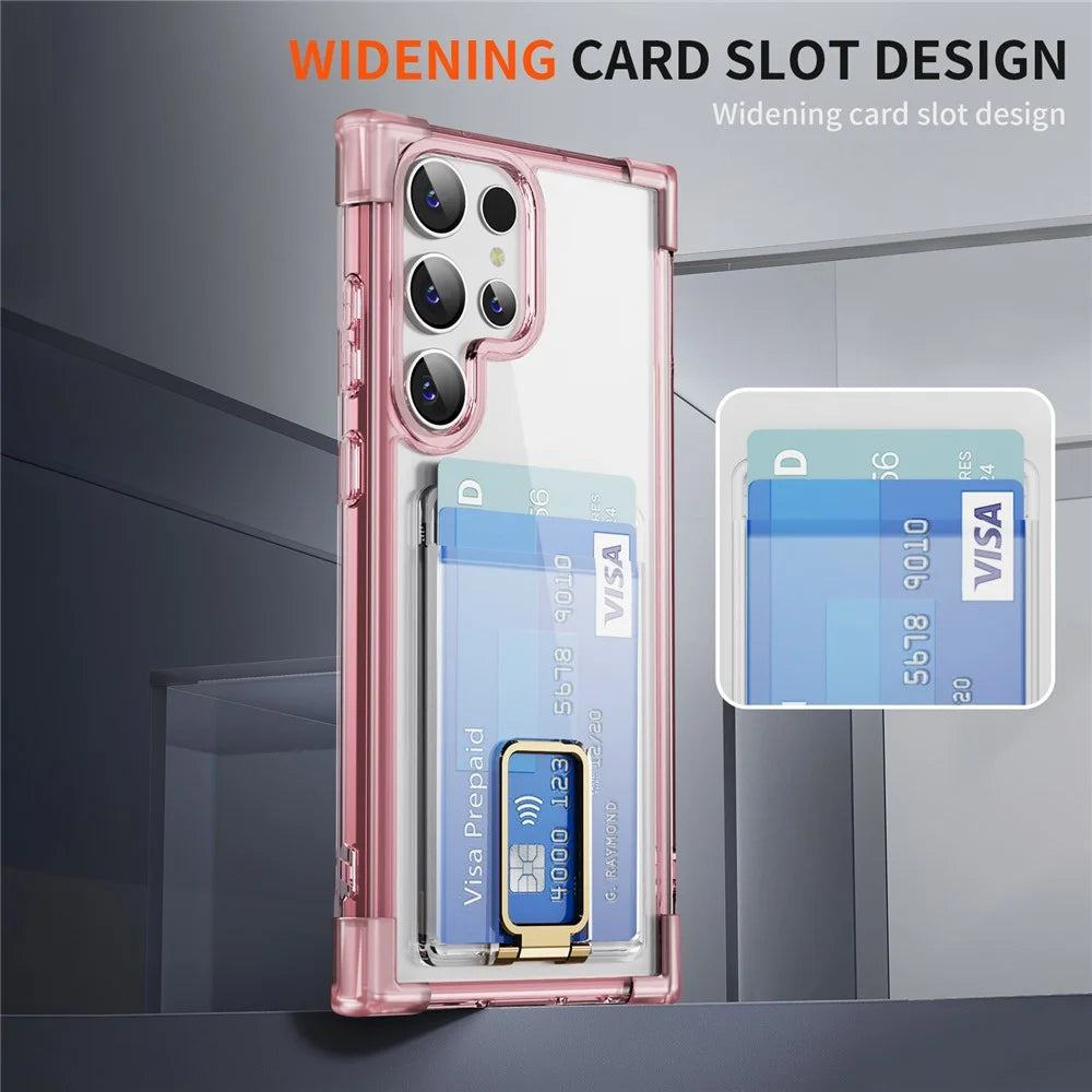 For Samsung Galaxy S23 Ultra Case Reinforced Corners TPU + Acrylic Phone Cover with Kickstand Card Holder - Transparent Pink - 4