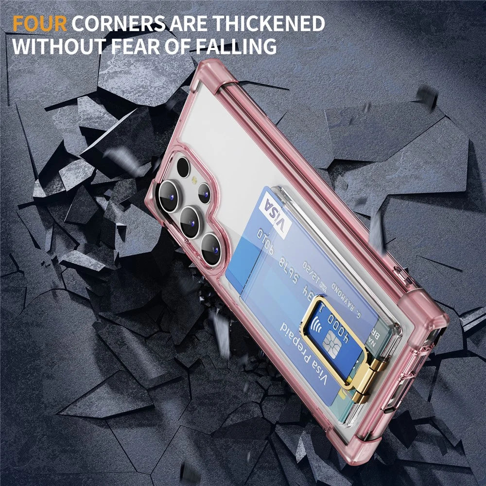 For Samsung Galaxy S23 Ultra Case Reinforced Corners TPU + Acrylic Phone Cover with Kickstand Card Holder - Transparent Pink - 5