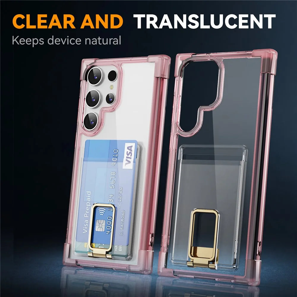For Samsung Galaxy S23 Ultra Case Reinforced Corners TPU + Acrylic Phone Cover with Kickstand Card Holder - Transparent Pink - 6