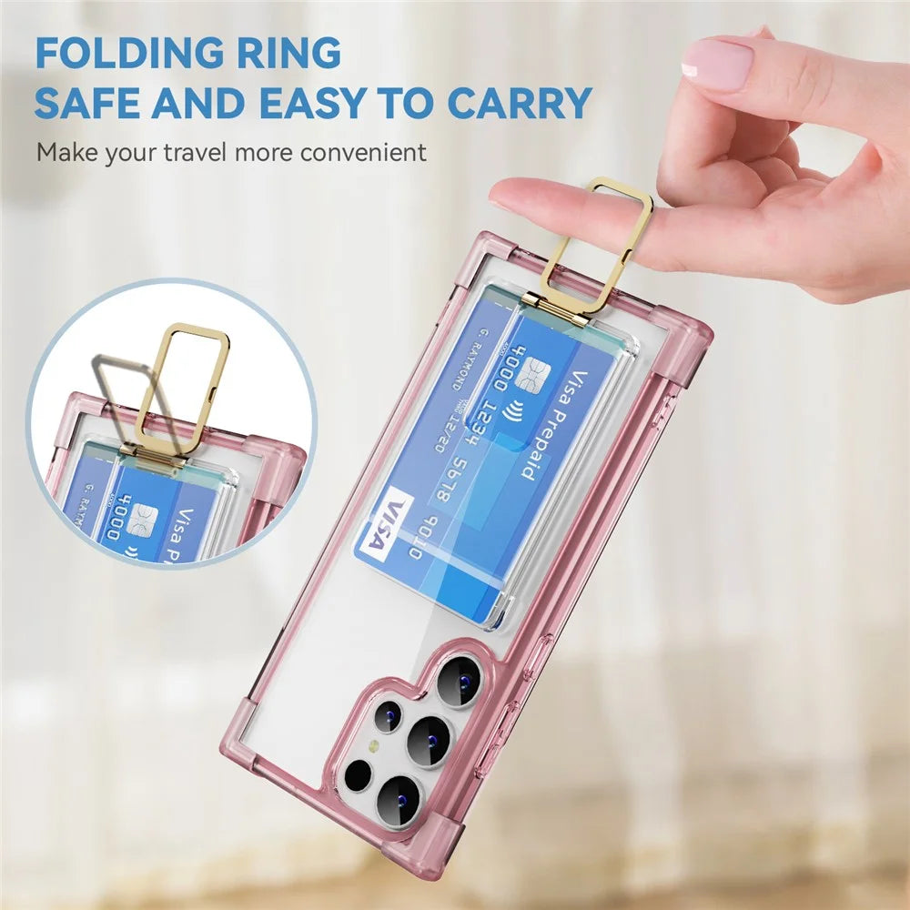 For Samsung Galaxy S23 Ultra Case Reinforced Corners TPU + Acrylic Phone Cover with Kickstand Card Holder - Transparent Pink - 7