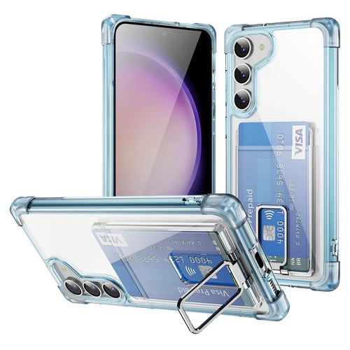 For Samsung Galaxy S23 Case Reinforced Corners TPU + Acrylic Phone Cover with Kickstand Card Holder - Transparent Blue - 1