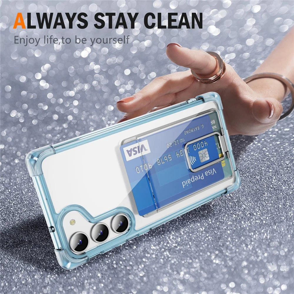 For Samsung Galaxy S23 Case Reinforced Corners TPU + Acrylic Phone Cover with Kickstand Card Holder - Transparent Blue - 2