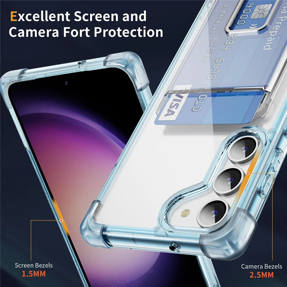 For Samsung Galaxy S23 Case Reinforced Corners TPU + Acrylic Phone Cover with Kickstand Card Holder - Transparent Blue - 3