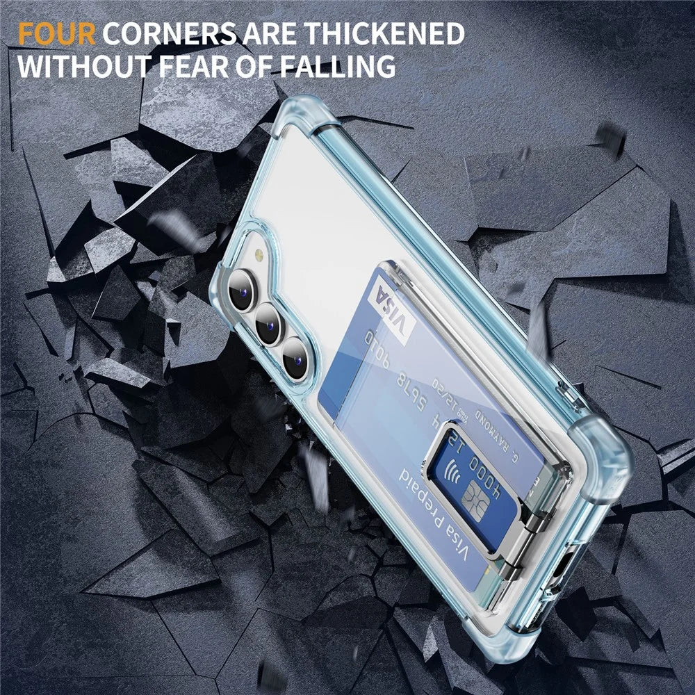 For Samsung Galaxy S23 Case Reinforced Corners TPU + Acrylic Phone Cover with Kickstand Card Holder - Transparent Blue - 5