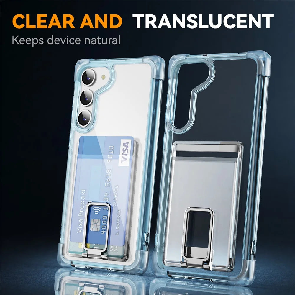 For Samsung Galaxy S23 Case Reinforced Corners TPU + Acrylic Phone Cover with Kickstand Card Holder - Transparent Blue - 6