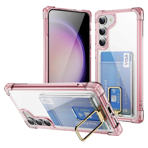 For Samsung Galaxy S23+ Case Reinforced Corners TPU + Acrylic Phone Cover with Kickstand Card Holder - Transparent Pink - 1