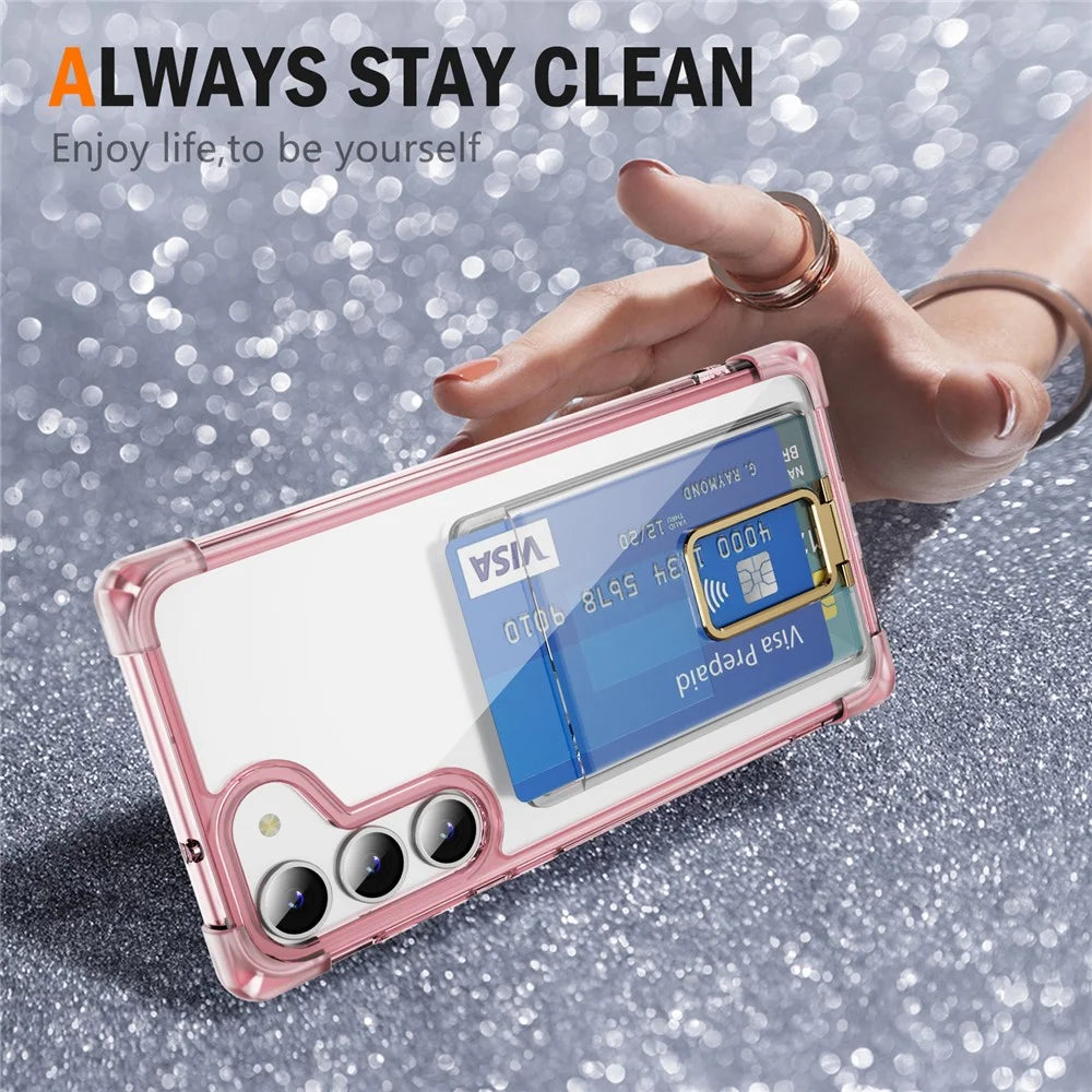 For Samsung Galaxy S23+ Case Reinforced Corners TPU + Acrylic Phone Cover with Kickstand Card Holder - Transparent Pink - 2