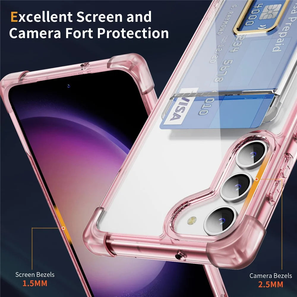 For Samsung Galaxy S23+ Case Reinforced Corners TPU + Acrylic Phone Cover with Kickstand Card Holder - Transparent Pink - 3