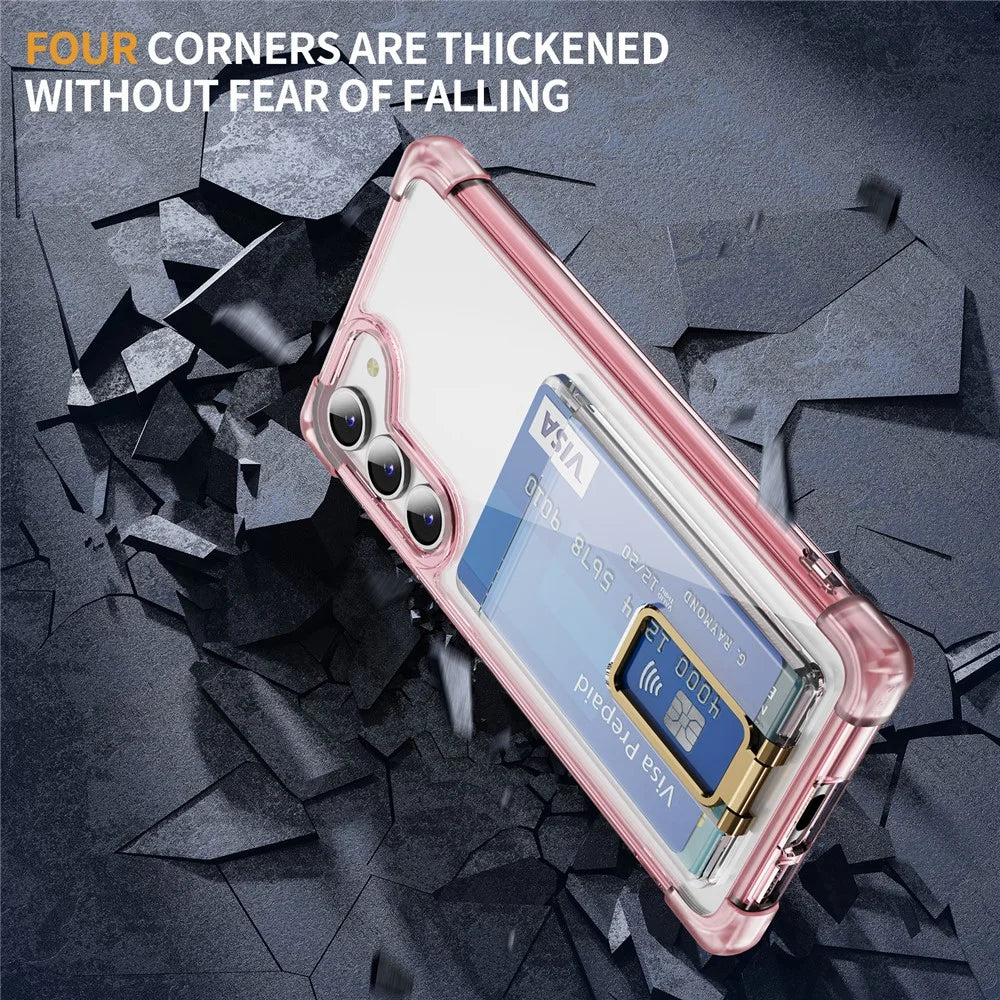 For Samsung Galaxy S23+ Case Reinforced Corners TPU + Acrylic Phone Cover with Kickstand Card Holder - Transparent Pink - 5
