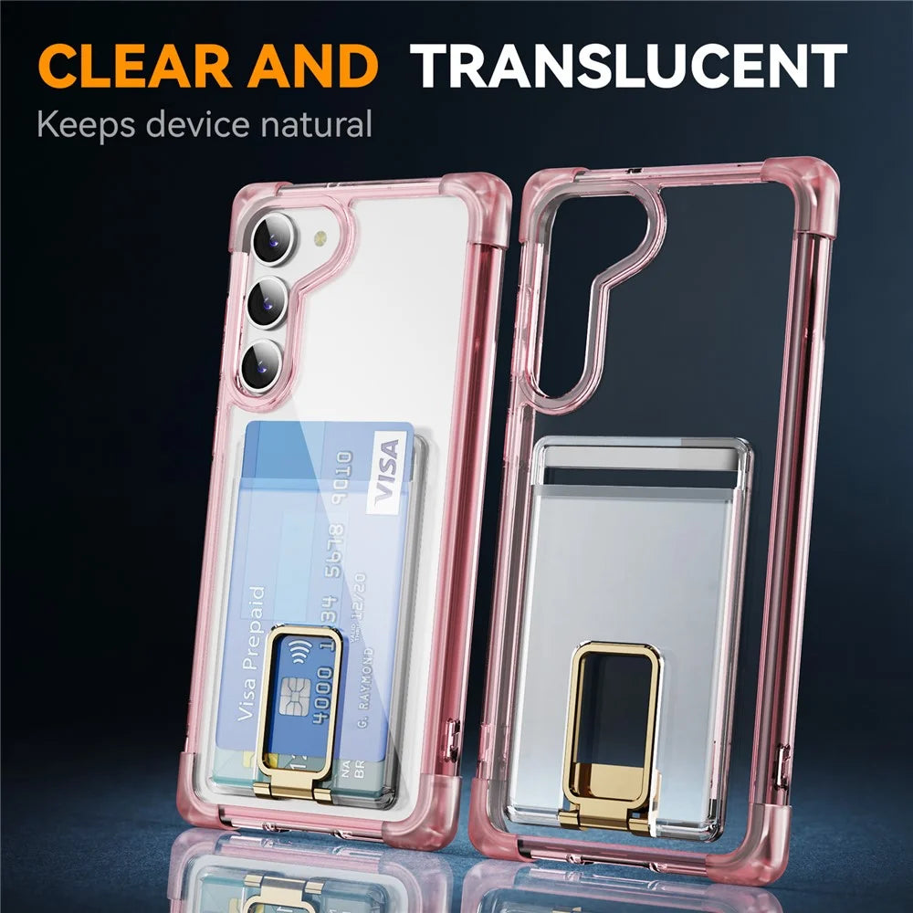 For Samsung Galaxy S23+ Case Reinforced Corners TPU + Acrylic Phone Cover with Kickstand Card Holder - Transparent Pink - 6