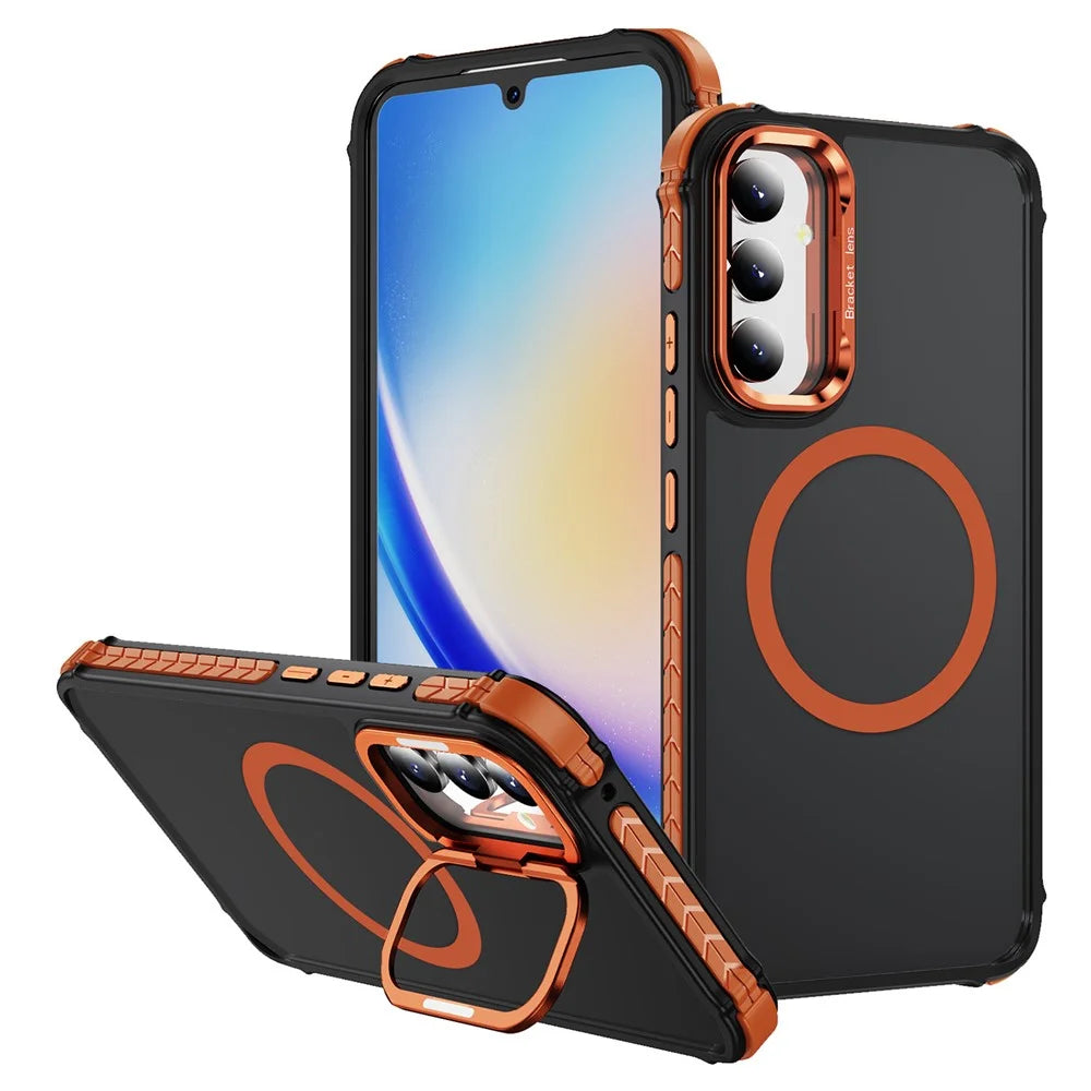 For Samsung Galaxy A05s 4G Magnetic Case with Lens Kickstand Matte Phone Back Cover - Orange - 1