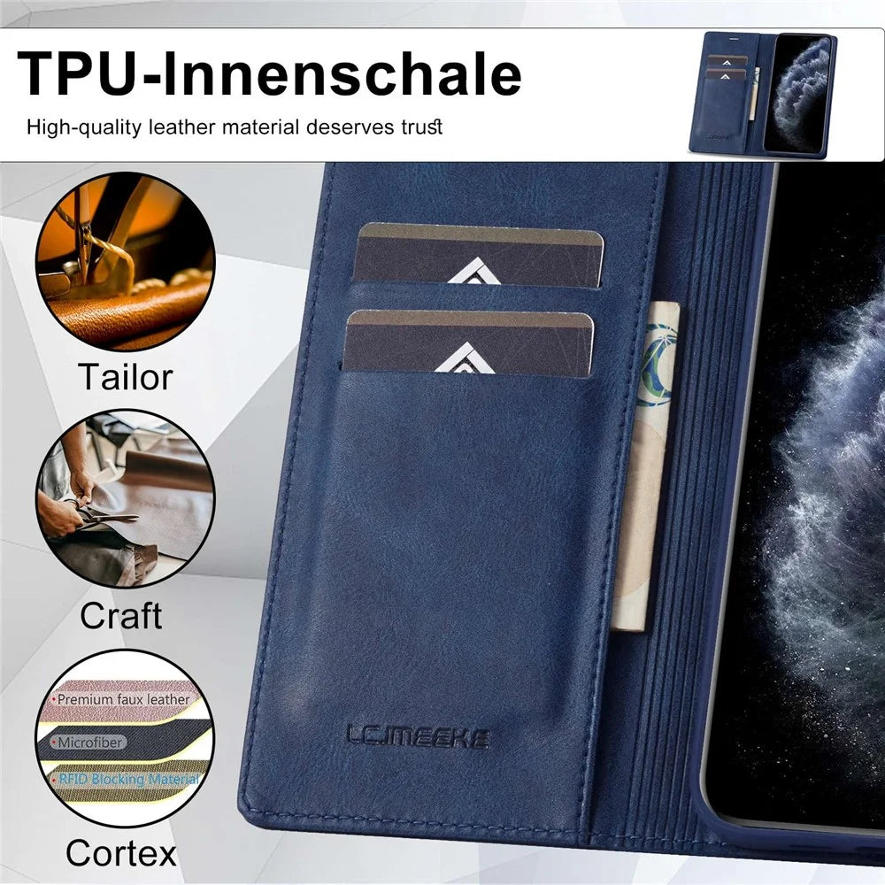 LC.IMEEKE Anti-drop Phone Cover For iPhone 11 Pro 5.8 inch, RFID Blocking Magnetic Auto Closing Phone Flip Leather Wallet Case Stand - Blue - 5