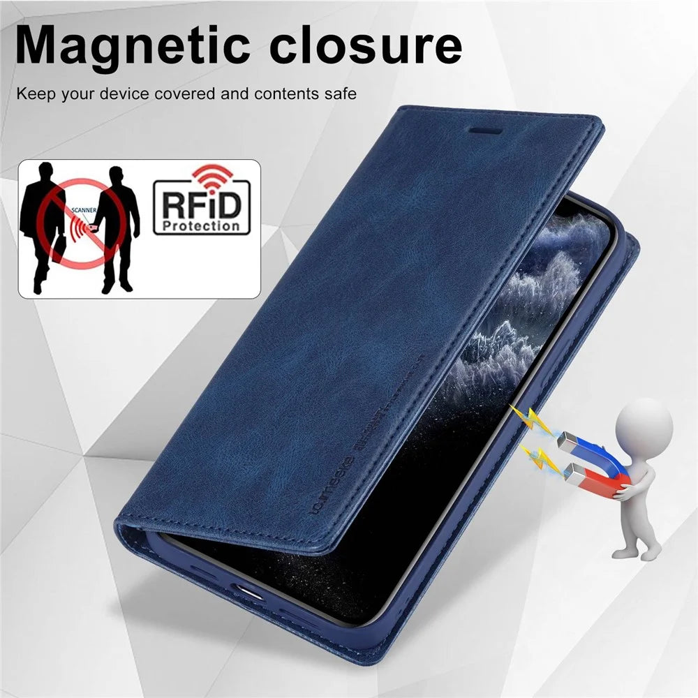 LC.IMEEKE Anti-drop Phone Cover For iPhone 11 Pro 5.8 inch, RFID Blocking Magnetic Auto Closing Phone Flip Leather Wallet Case Stand - Blue - 6