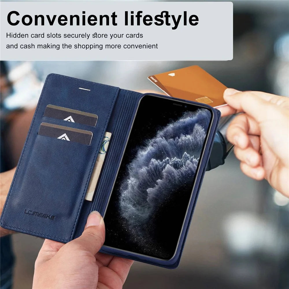 LC.IMEEKE Anti-drop Phone Cover For iPhone 11 Pro 5.8 inch, RFID Blocking Magnetic Auto Closing Phone Flip Leather Wallet Case Stand - Blue - 7