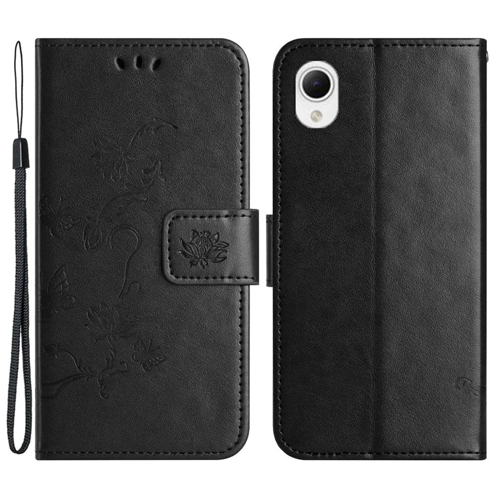Phone Case for Samsung Galaxy A23e / A23S, Butterfly Flower Imprinted PU Leather Anti-scratch Phone Cover Wallet Stand with Strap - Black - 1