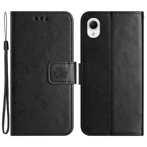 Phone Case for Samsung Galaxy A23e / A23S, Butterfly Flower Imprinted PU Leather Anti-scratch Phone Cover Wallet Stand with Strap - Black - 1