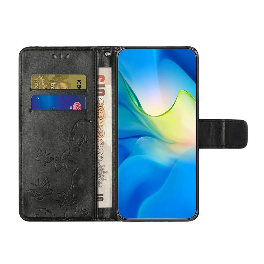 Phone Case for Samsung Galaxy A23e / A23S, Butterfly Flower Imprinted PU Leather Anti-scratch Phone Cover Wallet Stand with Strap - Black - 3