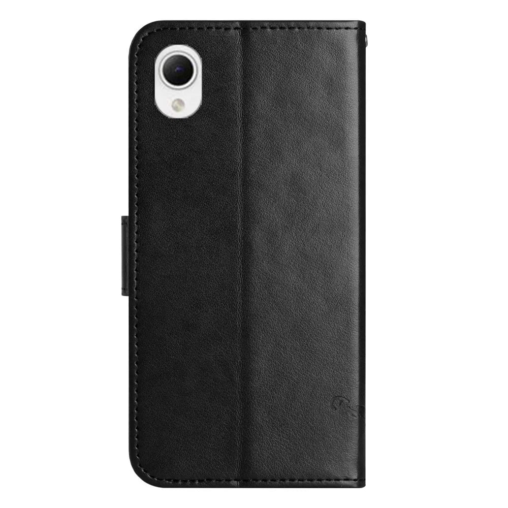 Phone Case for Samsung Galaxy A23e / A23S, Butterfly Flower Imprinted PU Leather Anti-scratch Phone Cover Wallet Stand with Strap - Black - 5