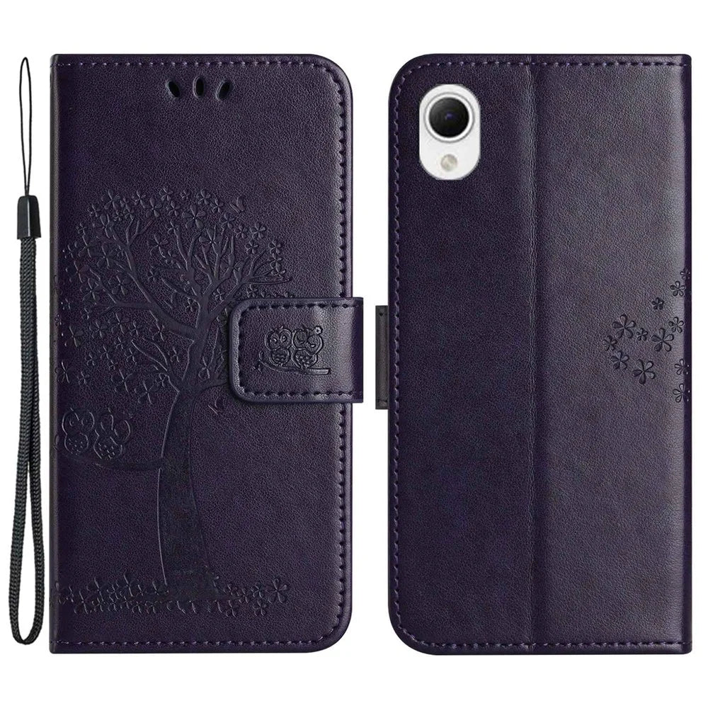 For Samsung Galaxy A23e / A23s PU Leather Phone Case Imprinted Owl Tree Pattern Wallet Stand Magnetic Clasp Cover - Dark Purple - 1