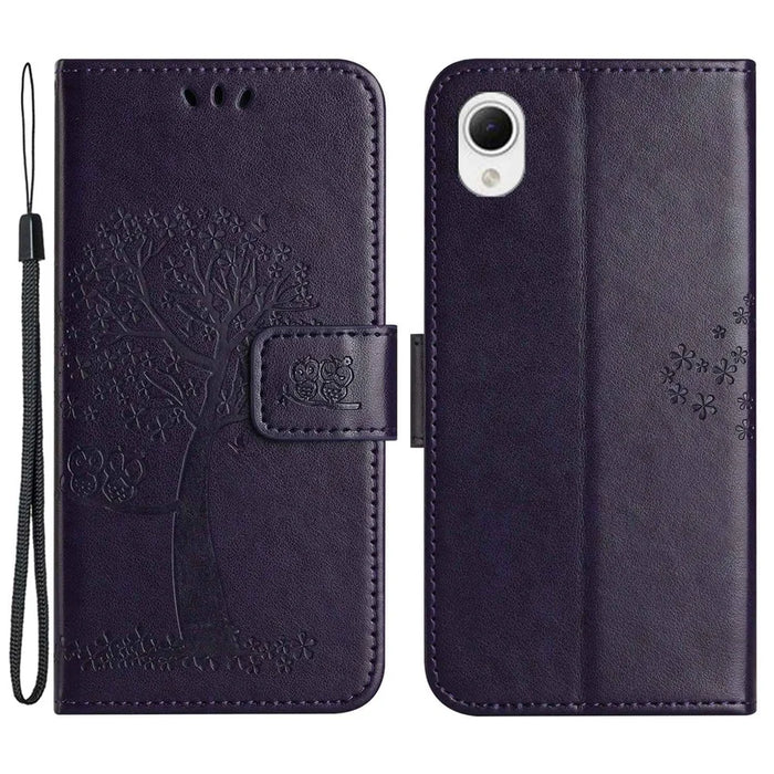 For Samsung Galaxy A23e / A23s PU Leather Phone Case Imprinted Owl Tree Pattern Wallet Stand Magnetic Clasp Cover - Dark Purple - 1