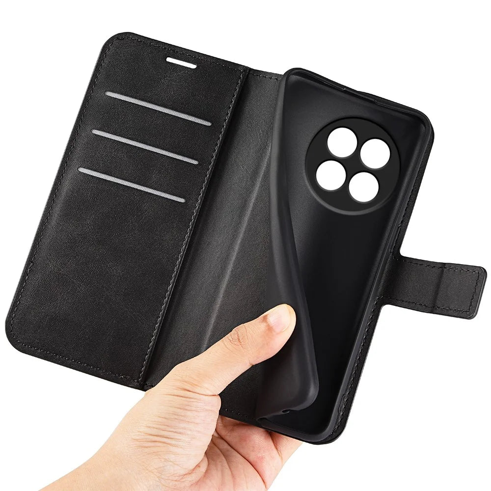 For OnePlus Ace 5 Pro 5G / Ace 5 5G / 13R 5G Stand Case Anti-Scratch Calf Texture Leather Phone Cover - Black - 5