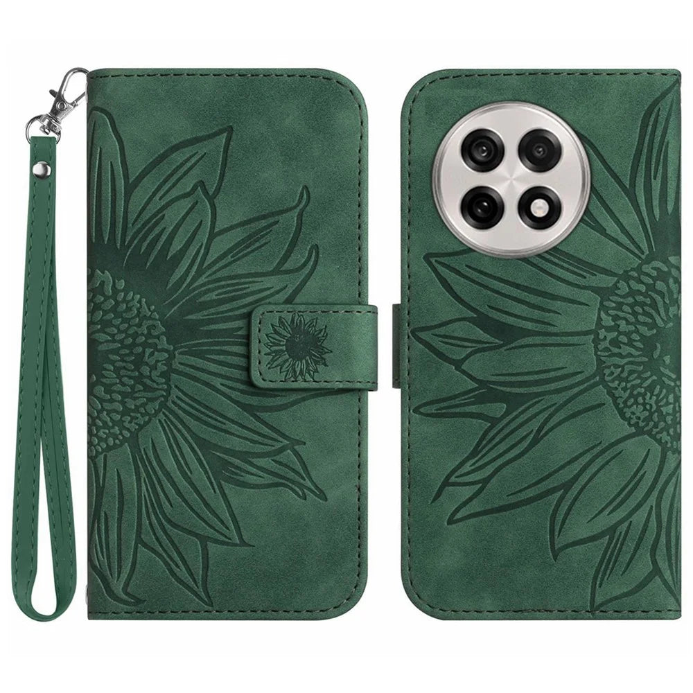 For OnePlus 13 Case Sunflower Imprint Leather Wallet Phone Cover with Wrist Strap - Dark Green - 1