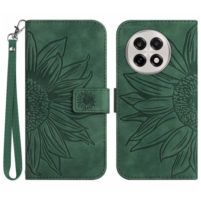For OnePlus 13 Case Sunflower Imprint Leather Wallet Phone Cover with Wrist Strap - Dark Green - 1