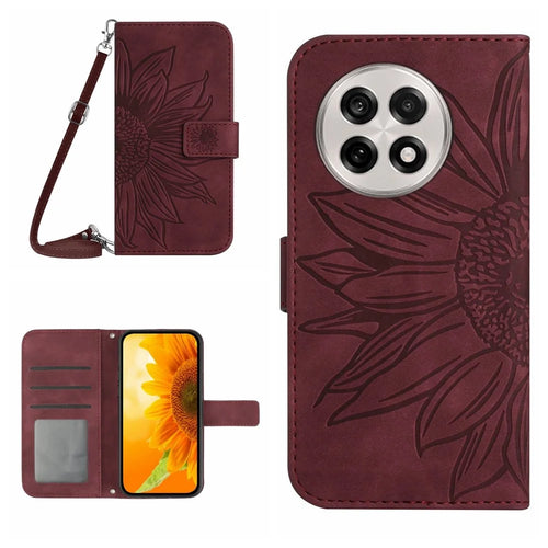 For OnePlus 13R 5G Case Sunflower Imprint PU Leather Phone Cover with Long Strap - Wine Red - 1