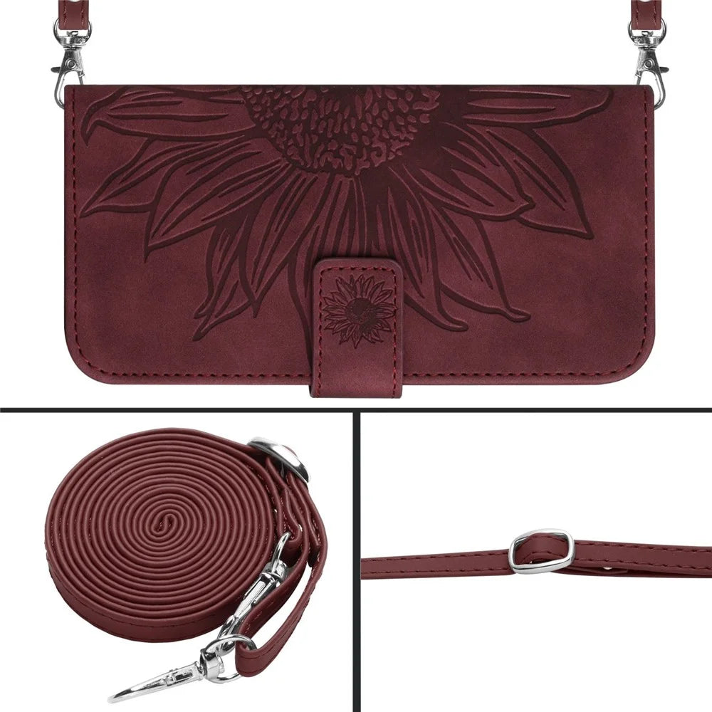 For OnePlus 13R 5G Case Sunflower Imprint PU Leather Phone Cover with Long Strap - Wine Red - 5