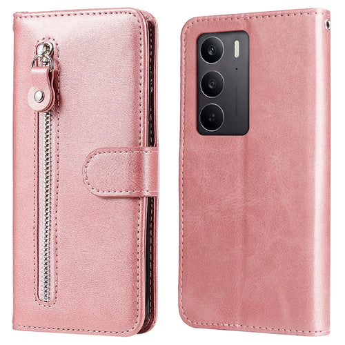 For Oppo A5 5G / 4G / Realme C75 5G / C75 4G / C73 5G / C71 4G / 14x 5G Case Zipper Wallet Calf Texture PU Leather Phone Cover - Pink - 1