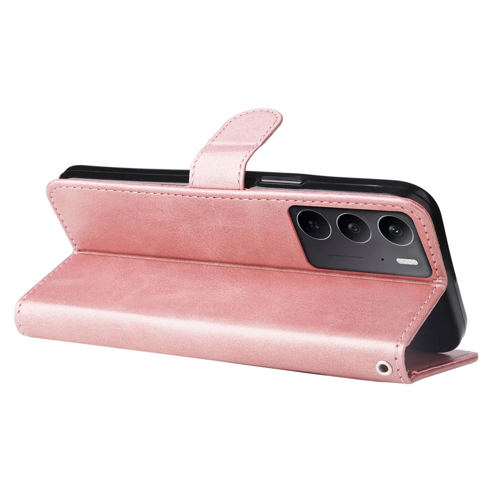 For Oppo A5 5G / 4G / Realme C75 5G / C75 4G / C73 5G / C71 4G / 14x 5G Case Zipper Wallet Calf Texture PU Leather Phone Cover - Pink - 3