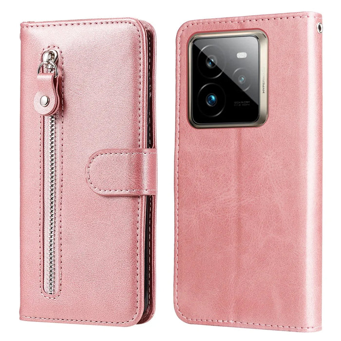 For Realme GT 7 Pro 5G Case Zipper Wallet Calf Texture PU Leather Phone Cover - Pink - 1