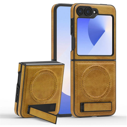 For Samsung Galaxy Z Flip7 FE 5G / Z Flip6 5G Magnetic Case with Folded Kickstand PC Silicone Leather Phone Back Cover  - Brown - 1